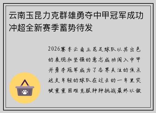 云南玉昆力克群雄勇夺中甲冠军成功冲超全新赛季蓄势待发
